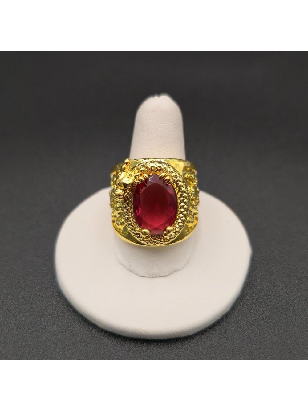 Size 8.75 Gold Plated Red Glass Gem Dragon Band Ring A7718